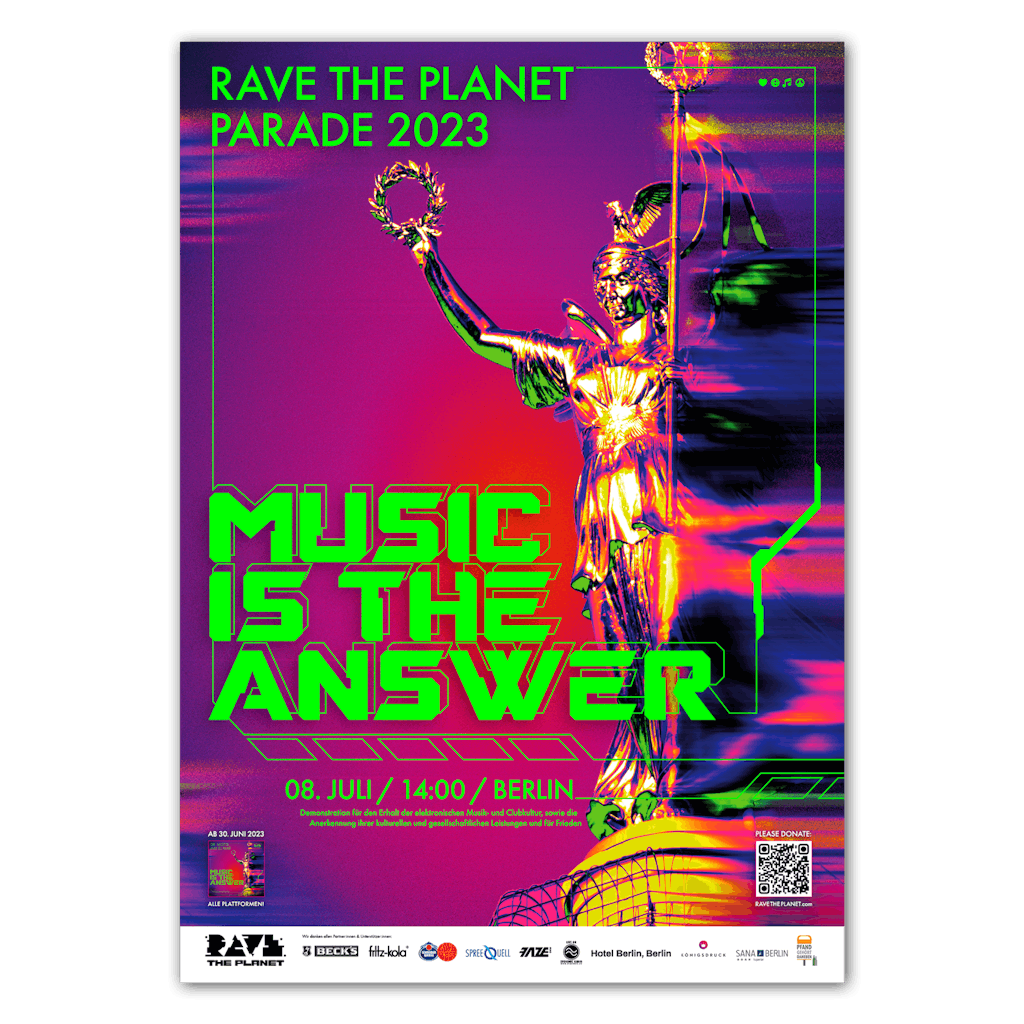 plakat 2023 rave the planet parade music is the answer