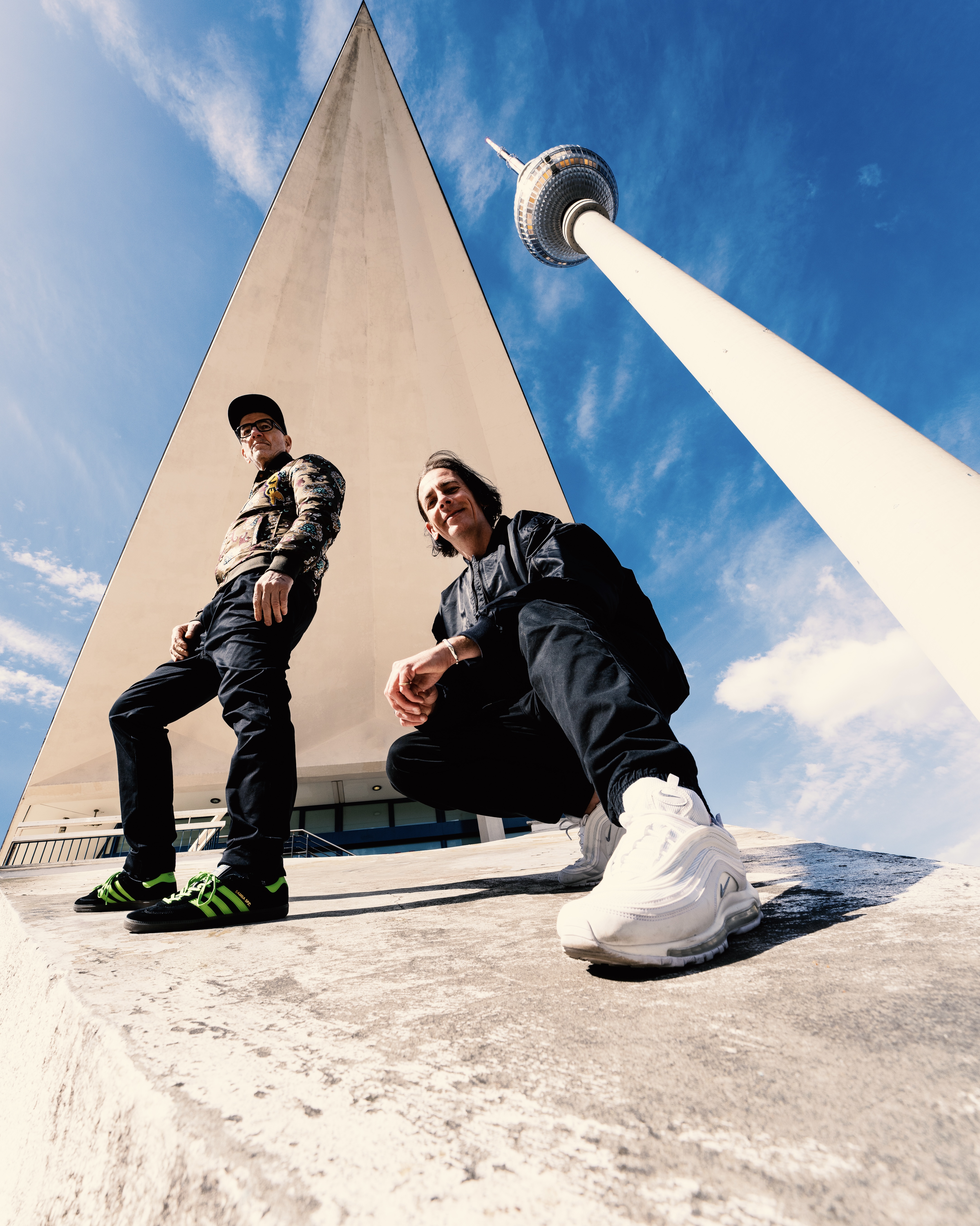 Dr Motte and Marc van Linden at the Berlin TV Tower, photographed from below at an angle, photographer: Fabien Prauss